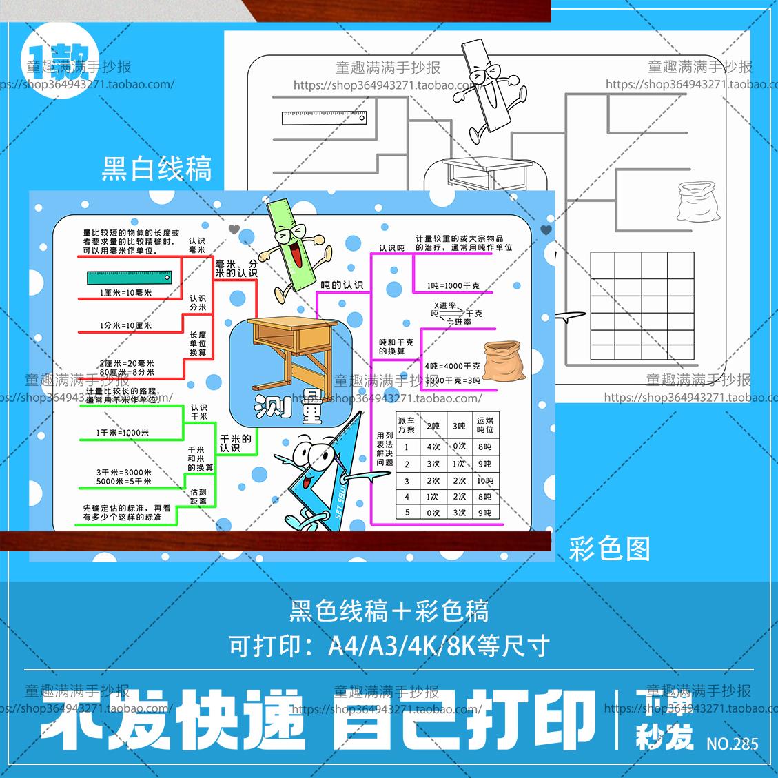 小学生三年级数学测量思维导图手抄报电子版小报模板线稿线描涂色