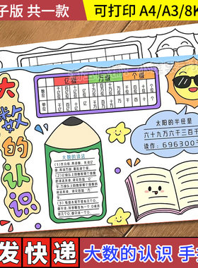大数的认识手抄报模板生活中的大数小学生黑白涂色线稿电子数学报
