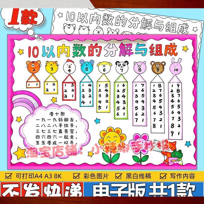 10十以内数的分解与组成手抄报模板一年级数学小报黑白线稿电子版