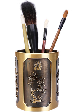 立体浮雕书房笔筒铜仿古