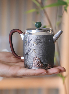 纯银时代 竹型泡茶壶足银999纯手工雕刻镶嵌竹石纹家用送礼170ml