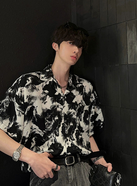 jmhomme 黑白水墨国潮印花短袖衬衫男士宽松休闲2025夏季痞帅衬衣