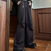 男女高街阔腿宽松休闲裤 美式 复古小众高级水洗设计感牛仔裤 子潮