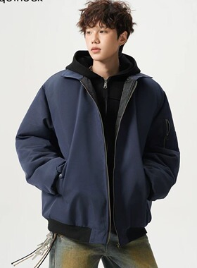 junmanner复古翻领夹克高级感小众设计外套男棉衣潮牌藏青色上衣