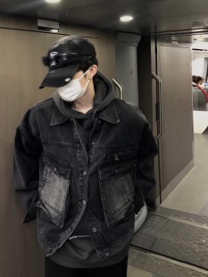 复古翻领工装 jmhomme 美式 2025新款 黑色夹克宽松牛仔短外套男 春季