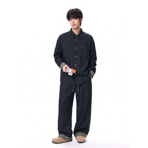 jmhomme 2026秋季新款仿牛仔拼接格子长袖衬衫休闲裤帅气套装男装