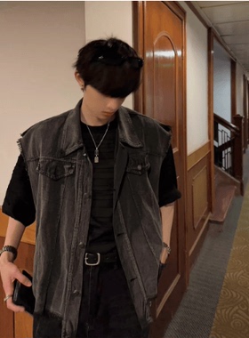 jmhomme 烟灰复古牛仔背心马甲外套男士韩版宽松工装复古马夹坎肩