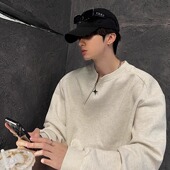 jmhomme 金属侧拉链头拼接套头卫衣男秋冬款 圆领纯色宽松休闲卫衣