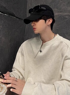 jmhomme 金属侧拉链头拼接套头卫衣男秋冬款圆领纯色宽松休闲卫衣