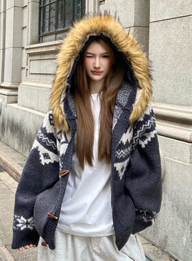 junmanner美式费尔岛毛领提花毛衣冬季新款休闲慵懒风针织衫外套