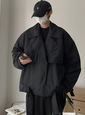 jm homme秋季个性短款夹克男韩版翻领宽松潮流系腰带ins风衣外套