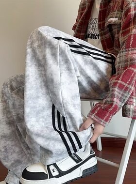 jmhomme潮牌百搭运动加绒卫裤男秋冬美式复古阔腿裤垂感休闲裤潮