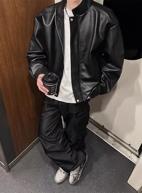 港风复古棕色PU皮垫肩短款皮衣夹克男秋冬美式宽松机车服外套潮