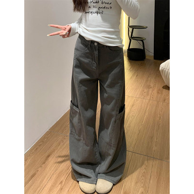 美式水泥灰阔腿工装裤女