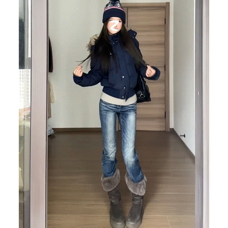 美式窄版直筒牛仔裤女2025秋冬新款加绒水洗毛须弹力显瘦微喇叭裤
