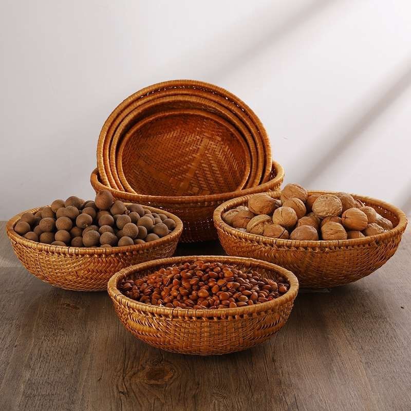 烟熏竹编圆簸箕防虫竹制品馒头筐家用农家水果盘干果零食竹篮子