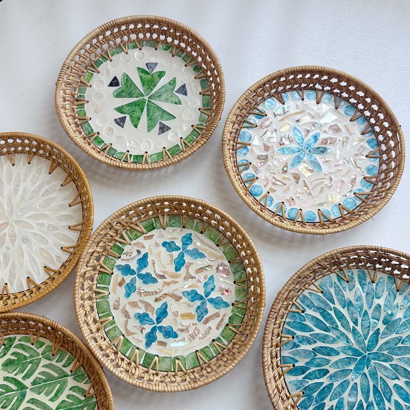 越南藤编贝壳托盘圆形点心果盘家用零食收纳篮馒头筐彩色水果盘,餐饮具,餐用托盘,淘宝优惠券,粉丝福利购,淘宝优惠卷