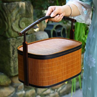 手提盒家用手工编织送餐带盖食盒中式复古茶具收纳盒点心篮竹制品