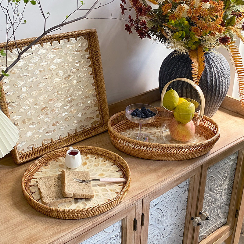 天然藤编贝壳托盘客厅茶几茶盘