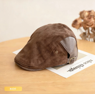 黑色英伦复古前进帽女春秋新款麂皮绒百搭反戴贝雷帽显脸小报童帽