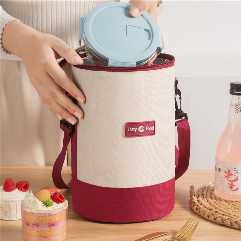 新款圆筒形保温包肩带款圆形多层饭盒包上班族上学手提斜挎便当