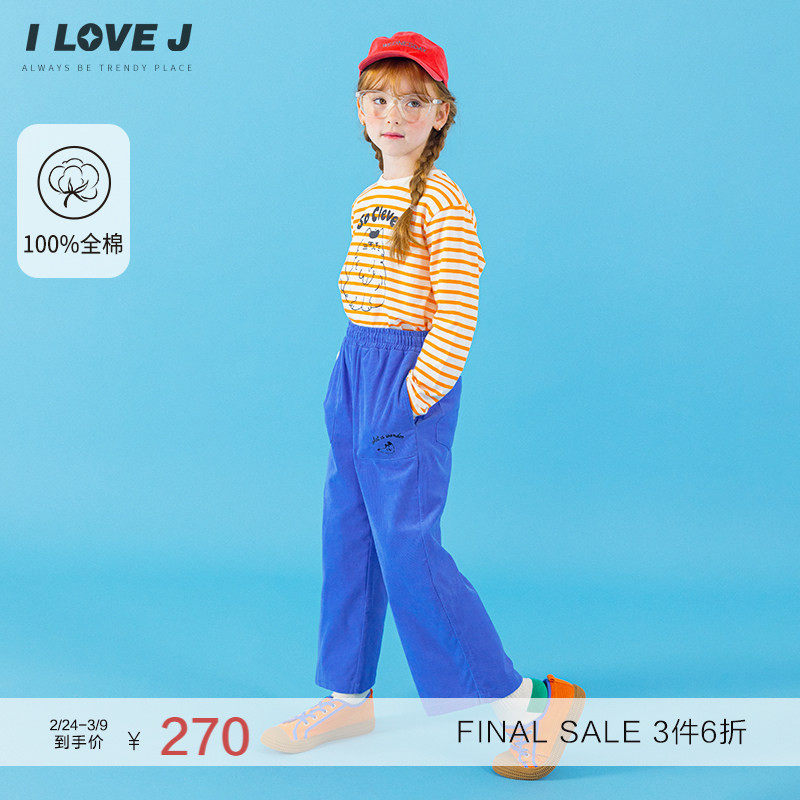 ILOVEJ韩国童装春季女童刺绣灯芯绒保暖休闲裤子/JXFPT13