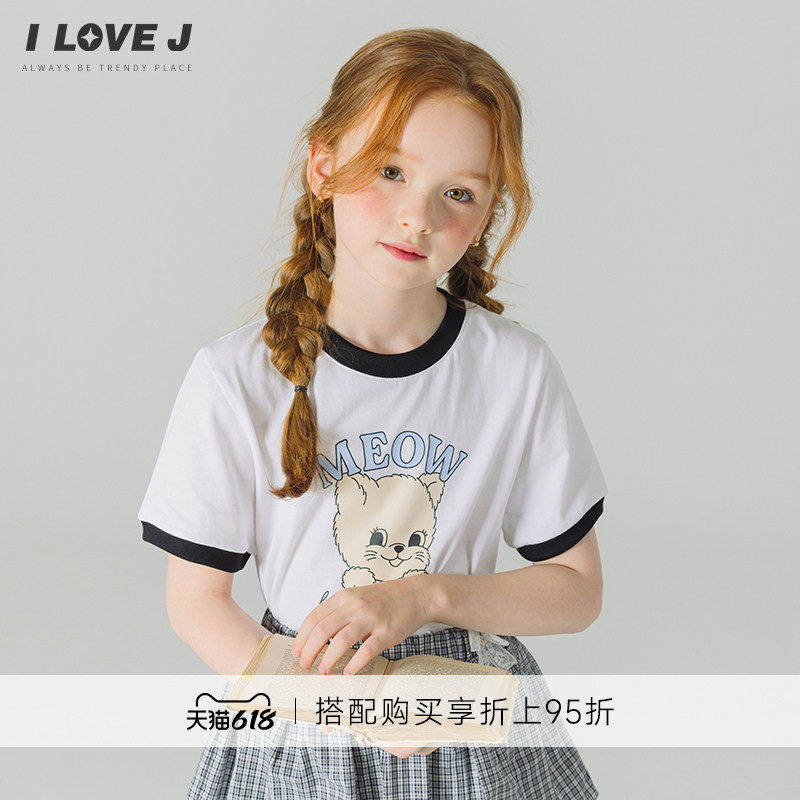 ILOVEJ韩国童装26夏新款儿童猫咪短袖t恤女童清凉圆领上衣JYUTO04