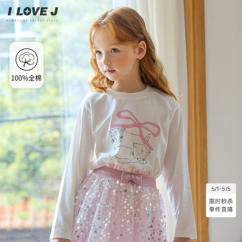 ILOVEJ韩国童装女童设计感T恤原创小猫印花纯棉长袖春秋/JXFTO04