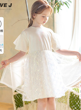 ILOVEJ童装夏女童白色兔子连衣裙网纱亮片公主裙/JWUOP08