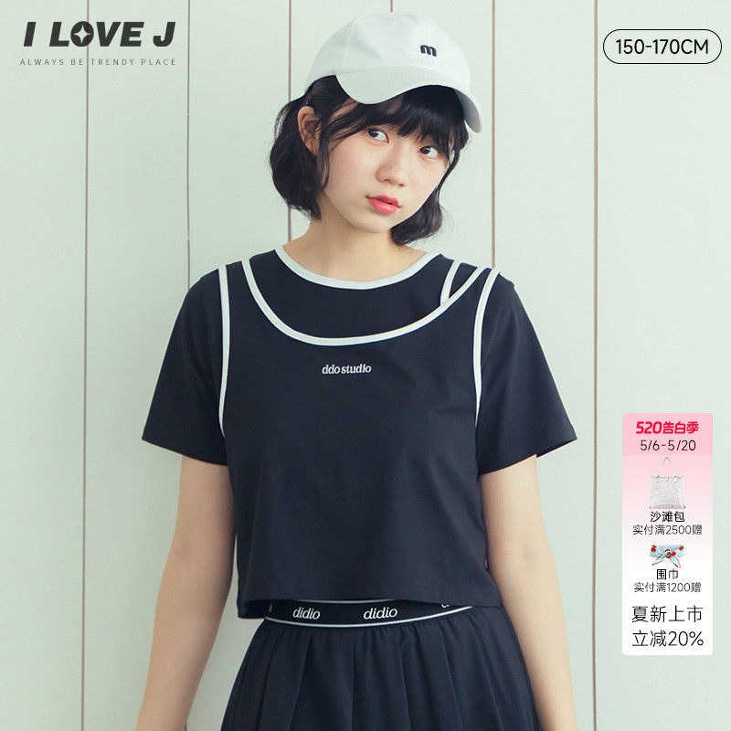 ILOVEJ韩国童装26夏新品韩系假两件女大童短袖初中生上衣GYUTO07