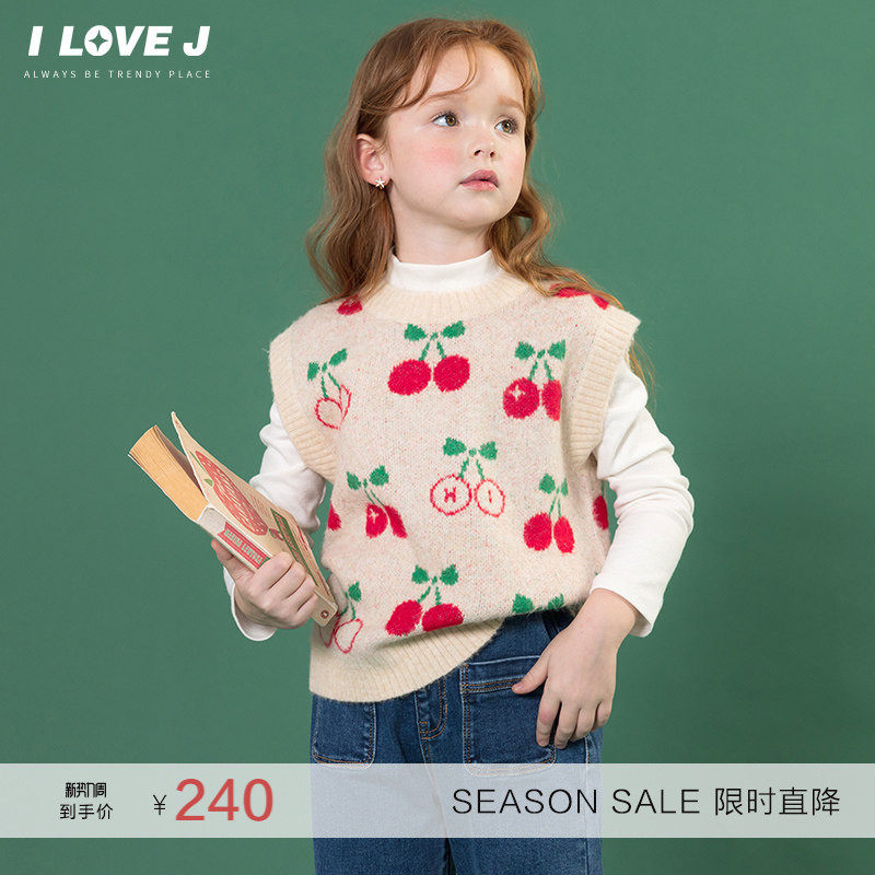 ILOVEJ童装冬新款女童樱桃针织马甲羊毛背心韩版毛衣/JWWTO25