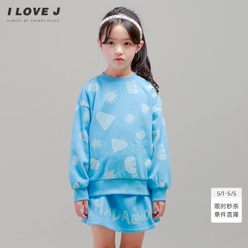 ILOVEJ童装不规则印染卫衣T恤儿童春装女童蓝色圆领上衣/JVSTO89
