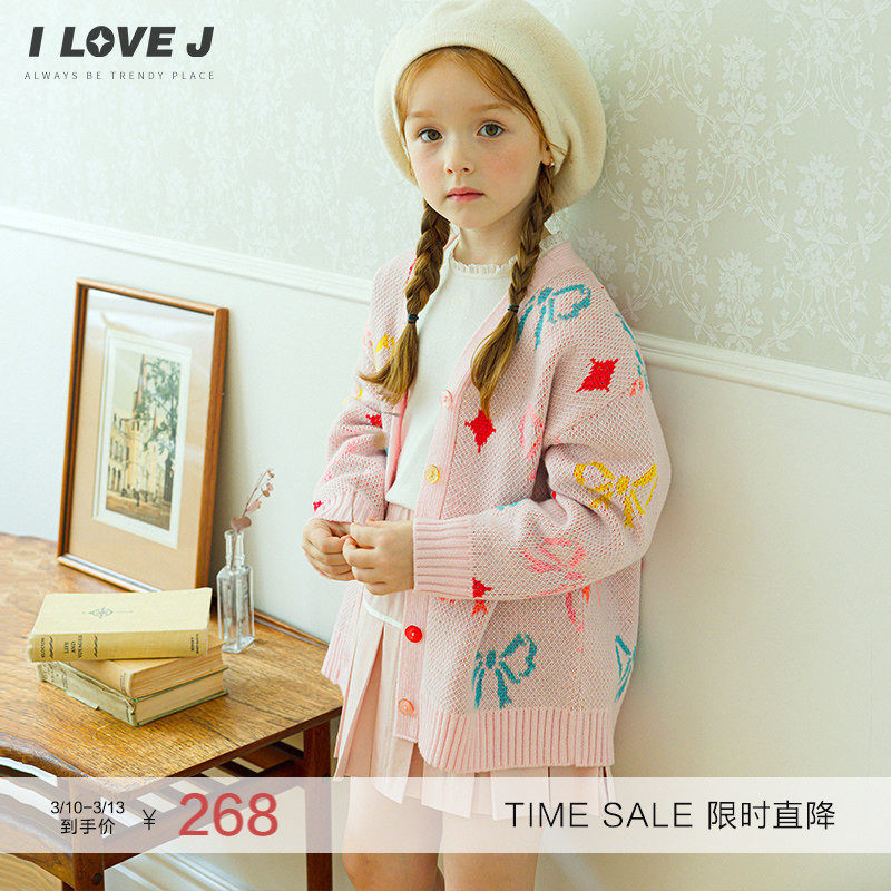 ILOVEJ童装春季女童蝴蝶结针织外套宽松可爱上衣/JWFOU19