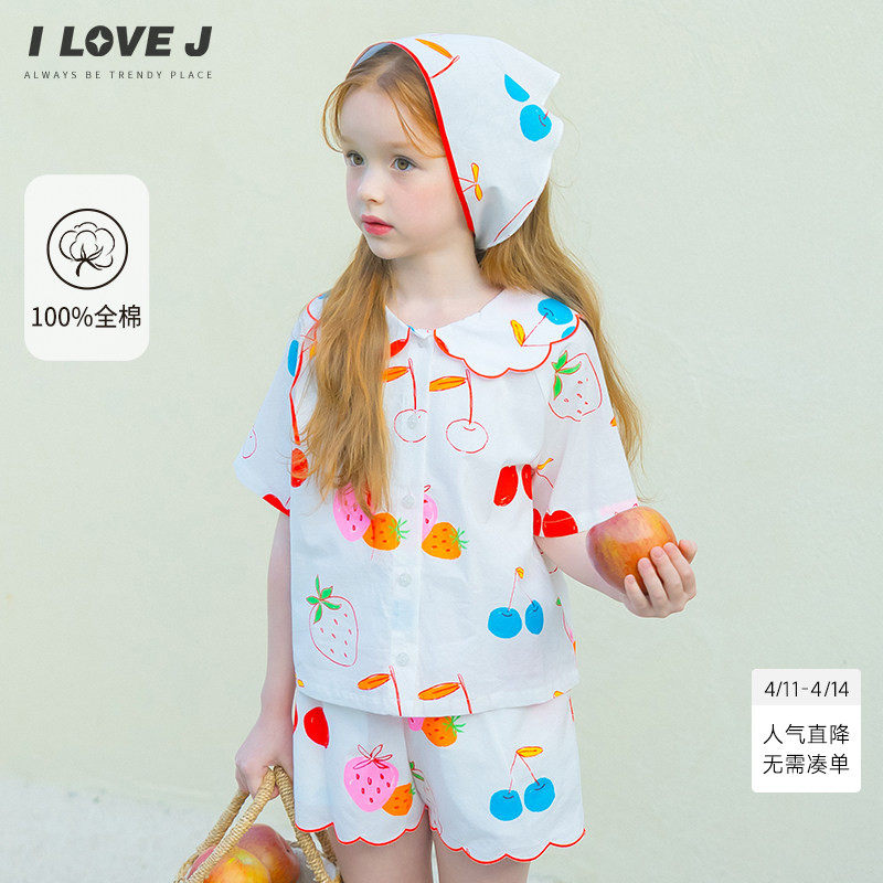 【不包含头巾】ILOVEJ夏季女童水果印花衬衫刺绣荷叶领T恤JXUTO43