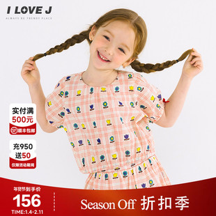 ILOVEJ童装夏季女童短款T恤格子印花韩版雪纺衬衫JWUTO34