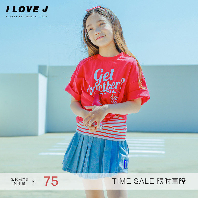 ILOVEJ童装红色短袖纯棉洋气T恤儿童夏装女童运动短款上衣JVUTO29