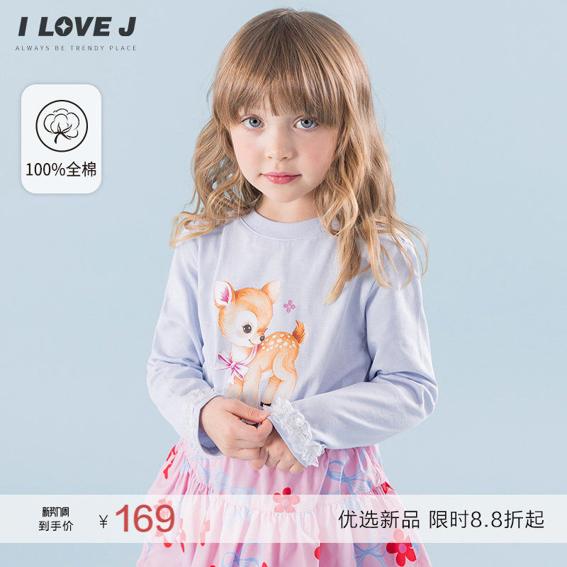ILOVEJ韩国童装2026春新款韩系少女小鹿T恤衫女童长袖纯棉JYSTO19