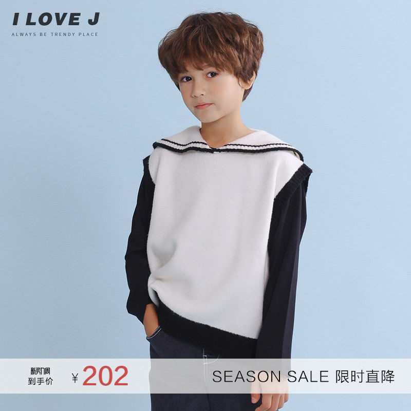 ILOVEJ童装男童针织马甲春秋海军领针织毛衫拼色毛衣背心/JVFTO29