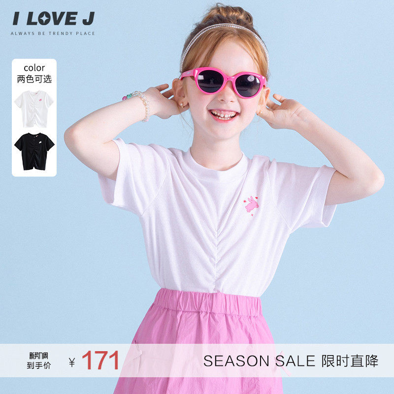 ILOVEJ韩国童装夏季女童兔子短袖T恤褶皱螺纹修身上衣JXUTO36