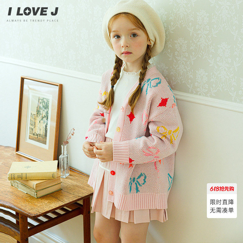 ILOVEJ童装春季女童蝴蝶结针织外套宽松可爱上衣/JWFOU19