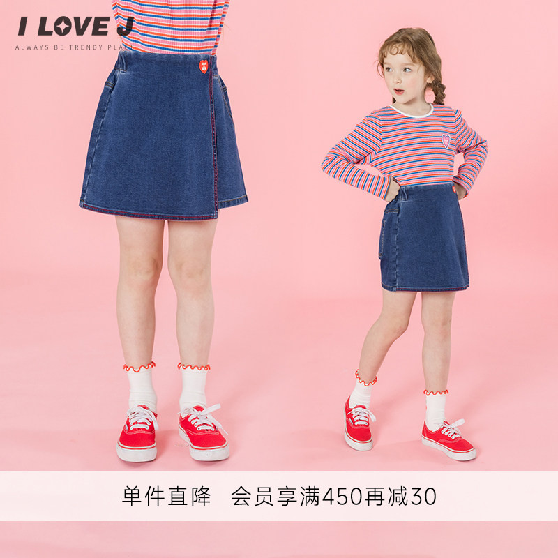 ILOVEJ韩国童装2026秋季女童牛仔半身裙裤樱桃布贴弹力/JXSPT26