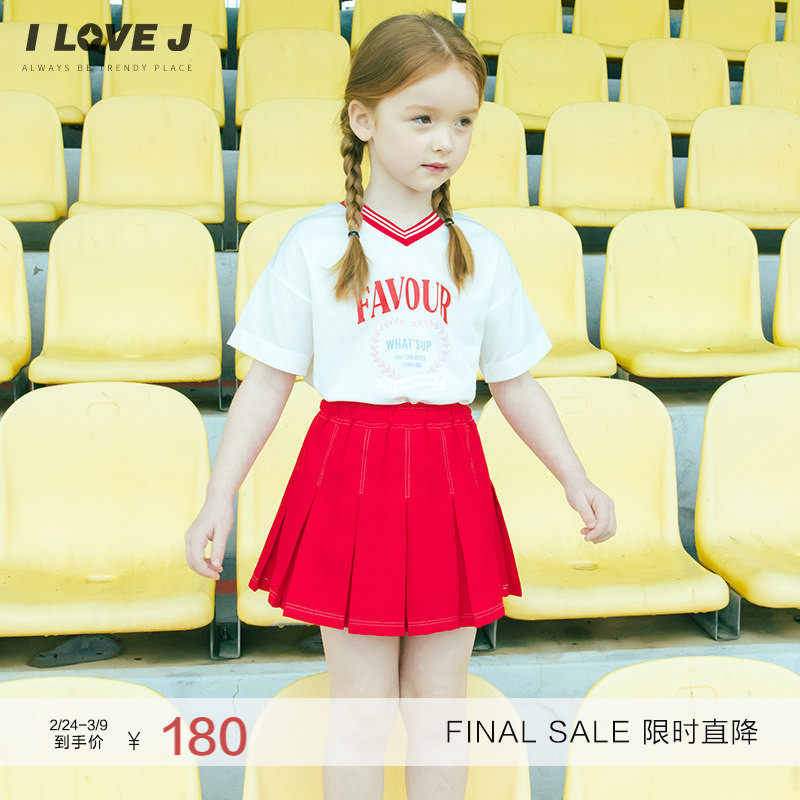 ILOVEJ童装夏季女童红色半身裙百褶短裙运动裙裤/JWUSK09