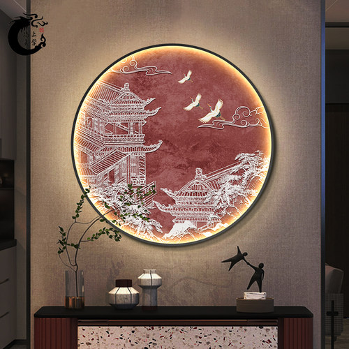 新中国风圆形入口大厅装饰画Led夜光画中国风客厅走廊过道茶室挂