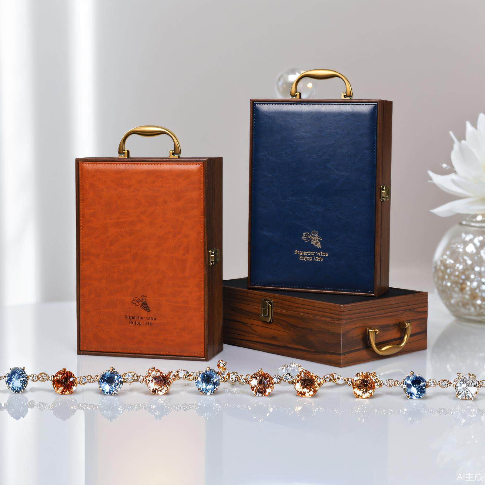 新款蓝色高档红酒包装礼盒木盒礼品盒盒子双支装皮盒葡萄酒包装盒