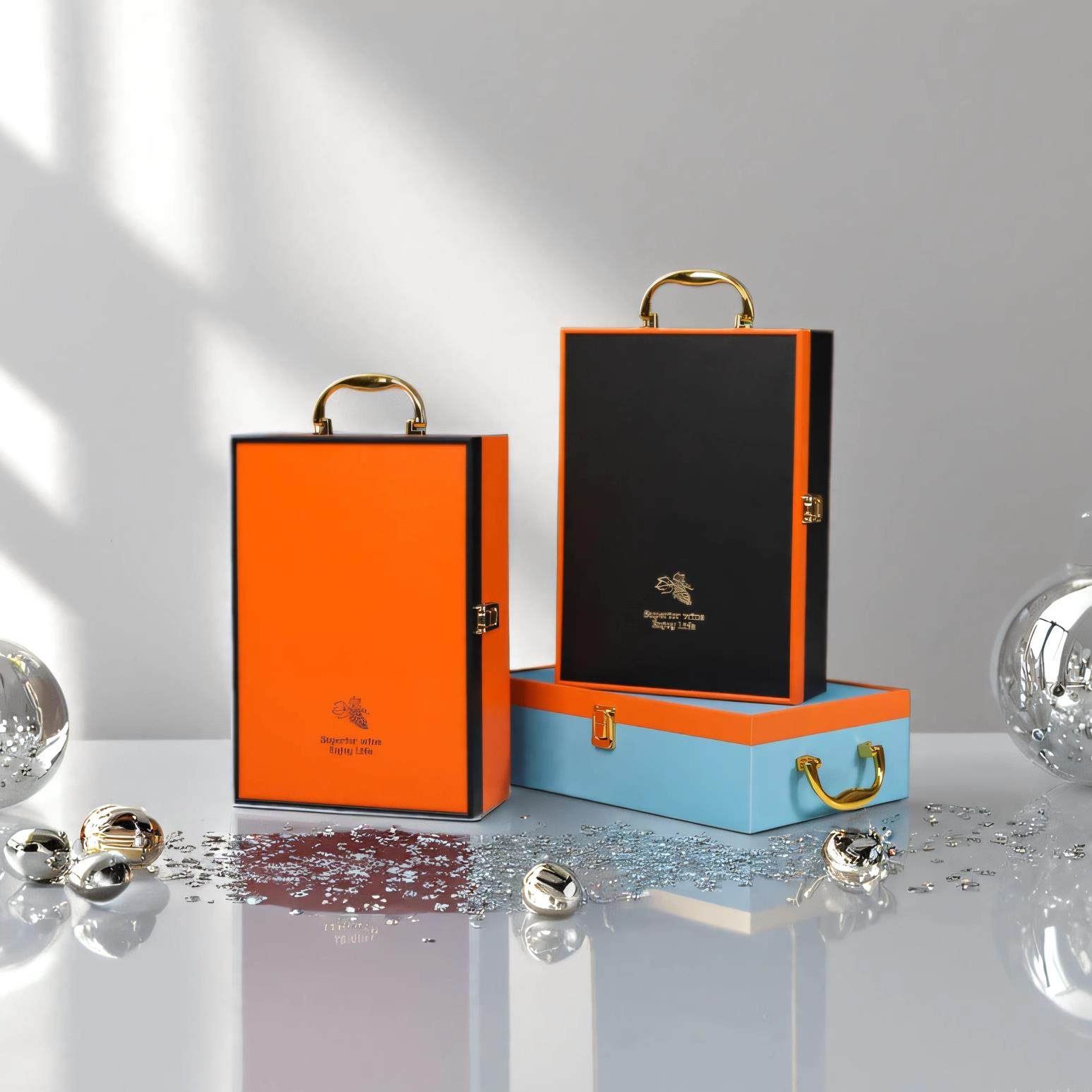 橙色新款高档红酒包装礼盒木盒礼品盒双支装皮盒葡萄酒包装盒空盒