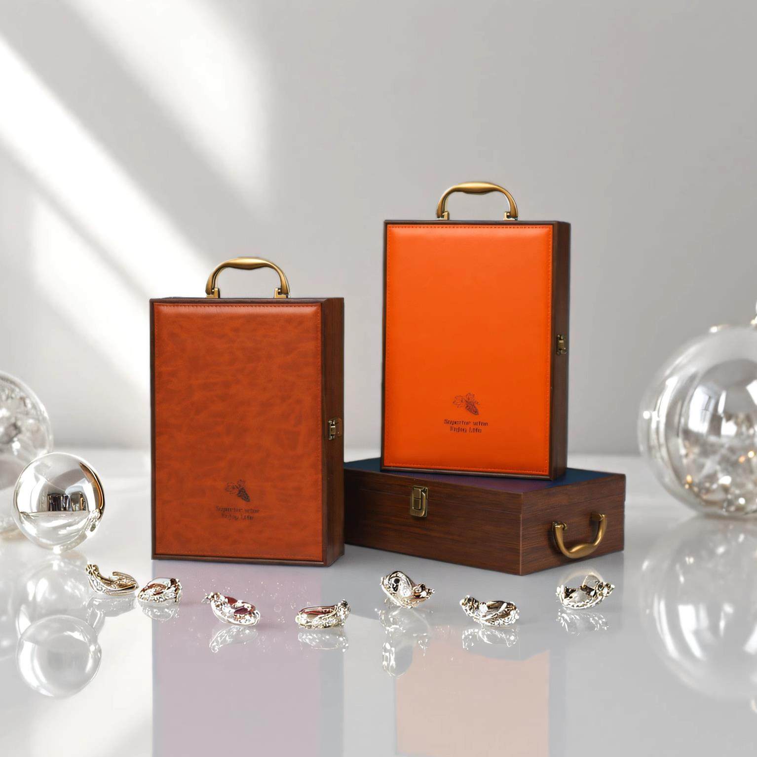 新款高档红酒包装礼盒木盒礼品盒盒子双支装皮盒葡萄酒包装盒木箱