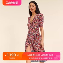 正品现货ROUJE23新款法式复古V领碎花印花拼接系带裹身连衣裙女