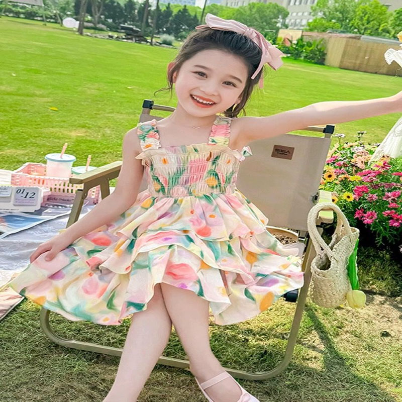 品牌专柜女童沙滩吊带裙夏季新款公主裙小女孩洋气蛋糕超仙连衣裙