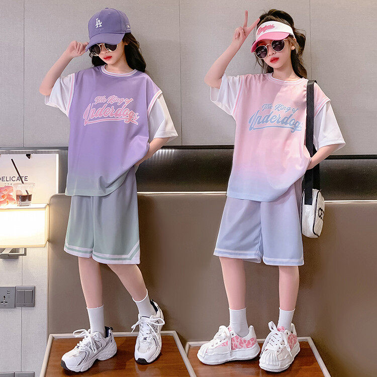 品牌专柜女童速干衣套装夏季渐变色篮球服短袖短裤两件套女孩运动