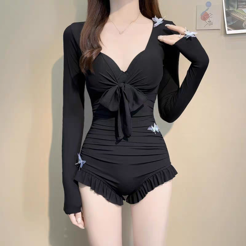 泳衣女2025新款爆款连体性感黑色连体遮肉显瘦长袖罩衫温泉两件套